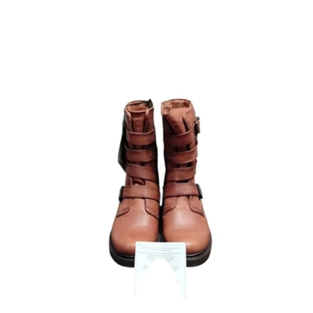Frye Veronica Tanker Boots Women's 7M Cognac Moto‎ Combat Leather Strappy Belted - Picture 8 of 12